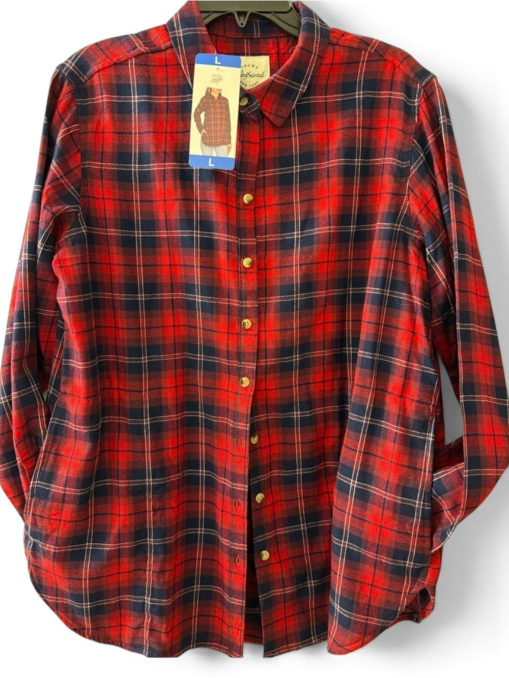 Jachs Girlfriend Flannel Big Shirt Cabincore Cozy Red Navy Plaid Pockets NWT L